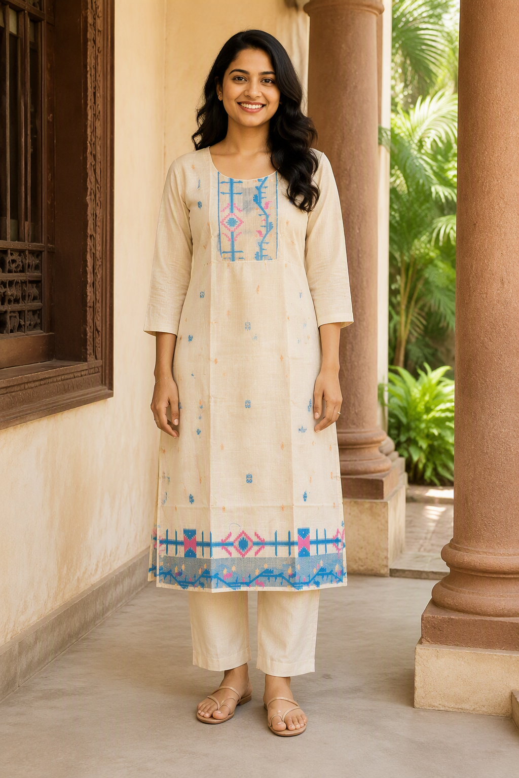 Beige Chanderi Silk Kurta & Pant Set with Geometric Design(KER-1217)