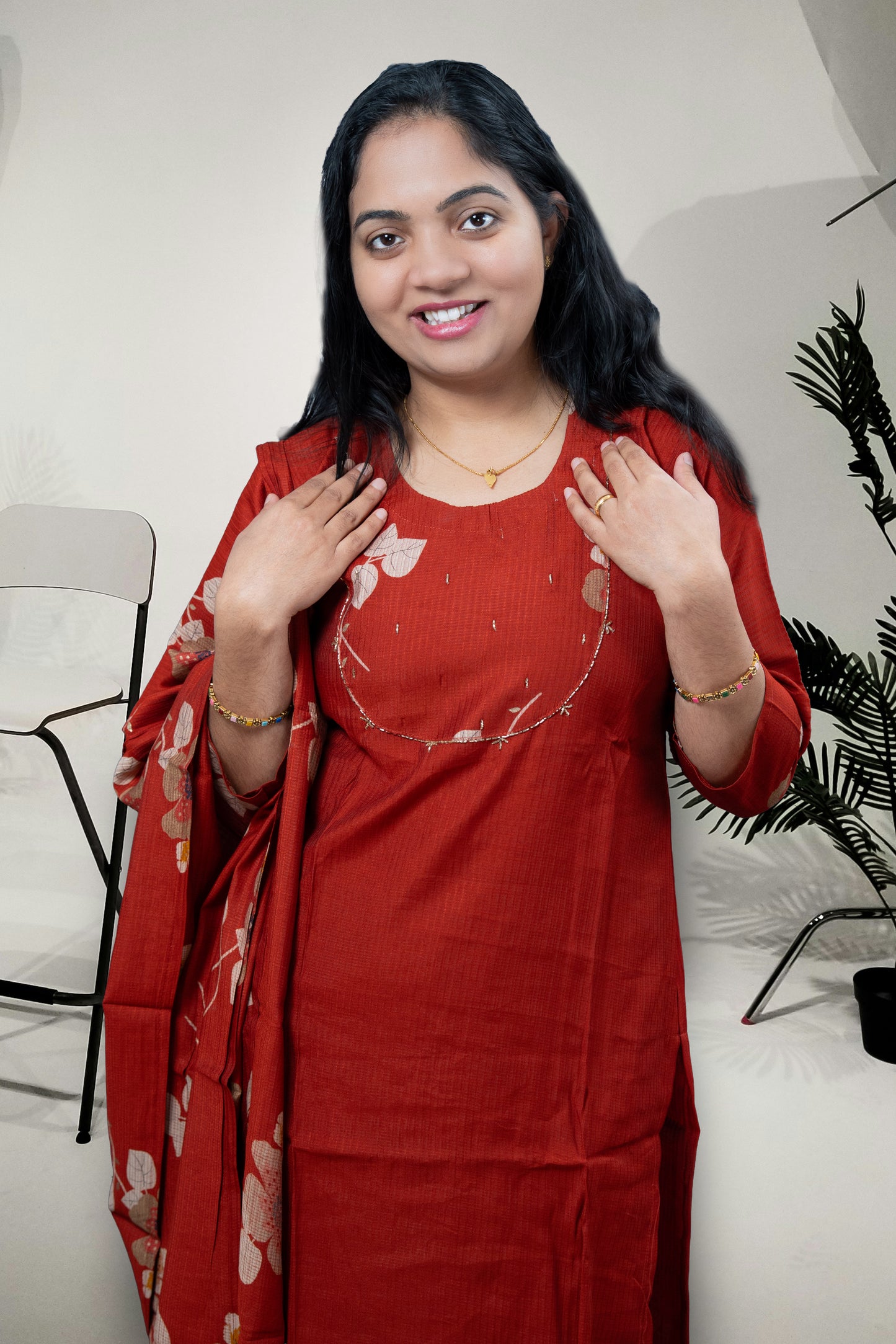 Red Floral Cotton Silk Kurta Set with Matching Dupatta (KER-1201)