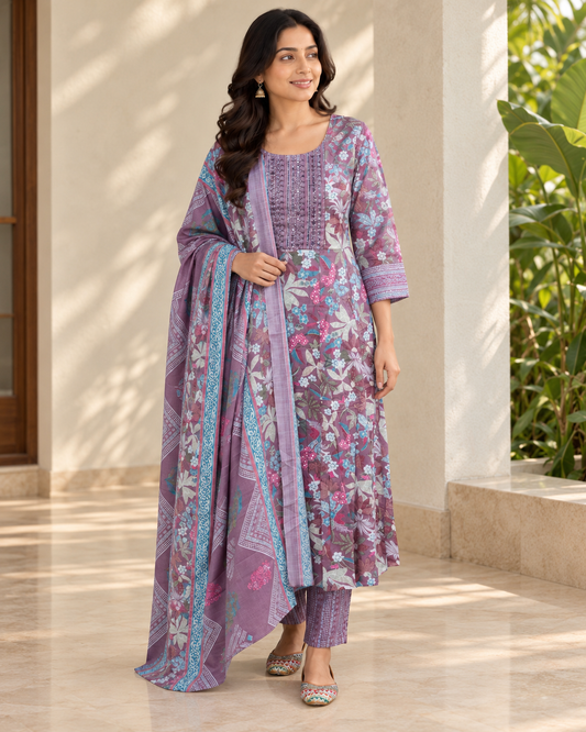 Mauve Floral Printed Cotton Kurta Set with Embellished Yoke(KER-1205)