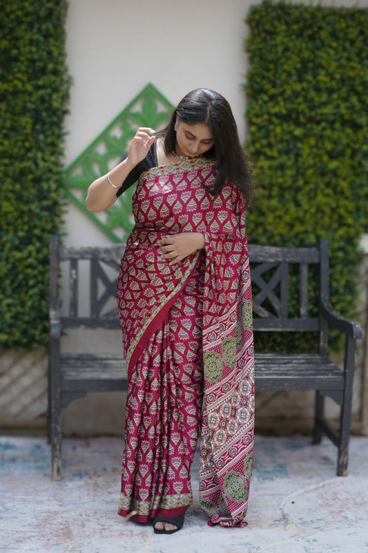 Maroon Handblock Printed Modal Silk Saree (SAR-1135)