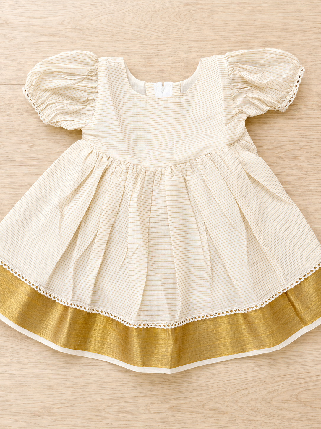 Girls Tissue Party Frock with stripes| Cream & Gold Festive Dress (0–4 Years)(KCW135)