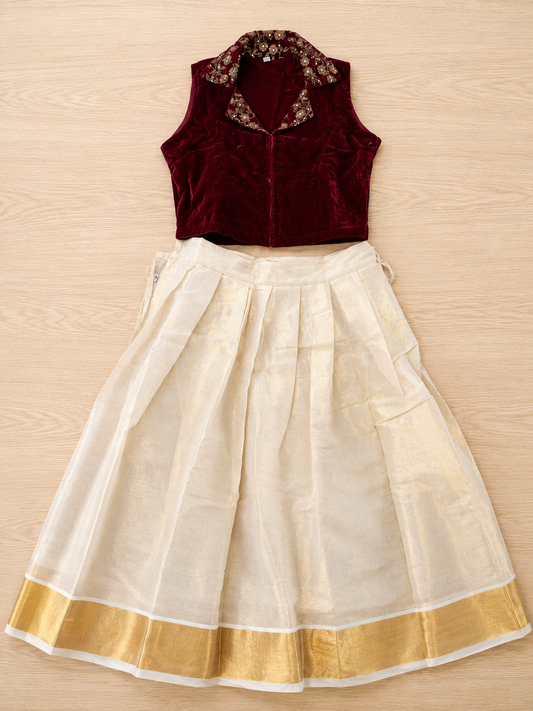Girls Tissue crop Velvet top & Skirt  (KCW138)