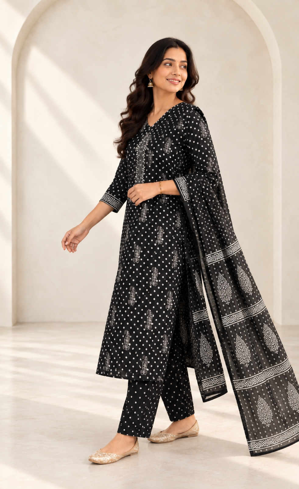 Black Handblock-Style Printed Cotton Kurta Set with Dupatta(KER-1203)