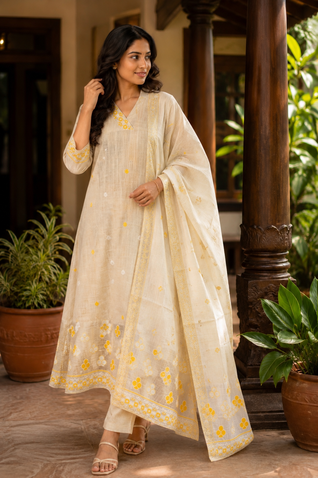 Premium Cotton Salwar Suit with Dupatta | Cream Floral Embroidered Ethnic Set (KER-1196)