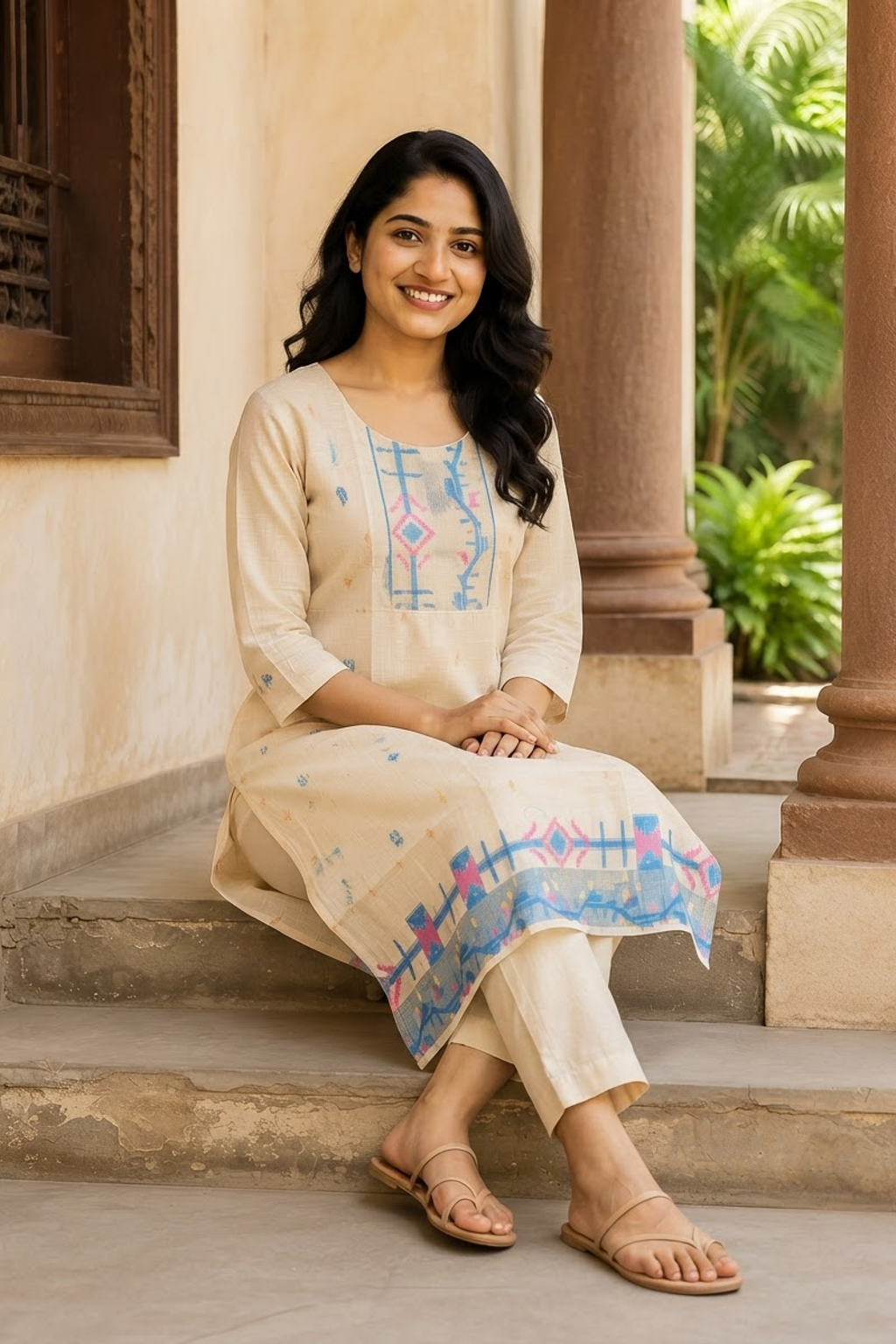 Beige Chanderi Silk Kurta & Pant Set with Geometric Design(KER-1217)