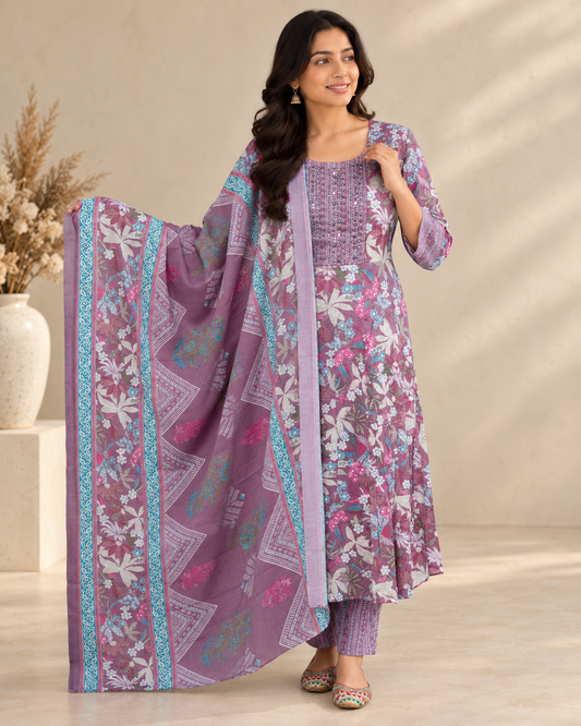 Mauve Floral Printed Cotton Kurta Set with Embellished Yoke(KER-1205)