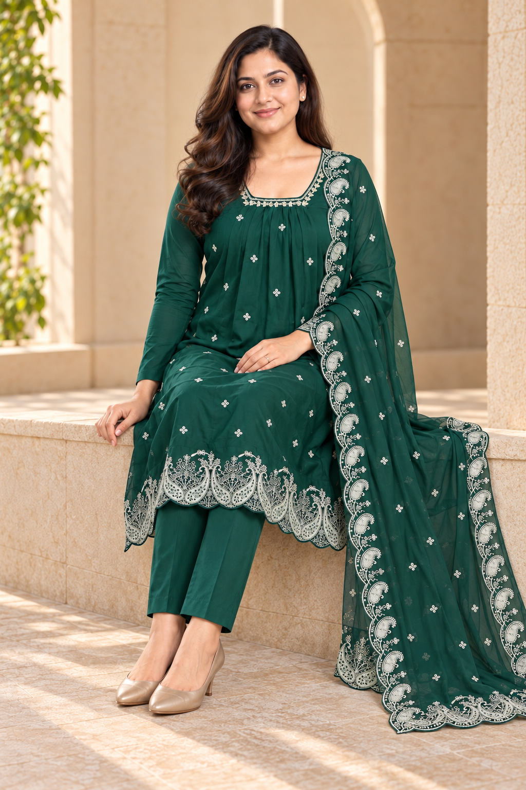 Emerald Green Embroidered Salwar Suit with Dupatta (KER-1246)