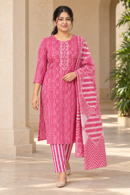 Pink Geometric Print Salwar Suit Set with Dupatta(KER-1247)