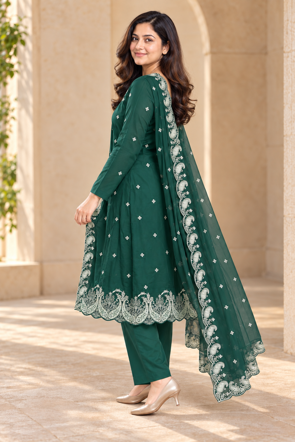 Emerald Green Embroidered Salwar Suit with Dupatta (KER-1246)