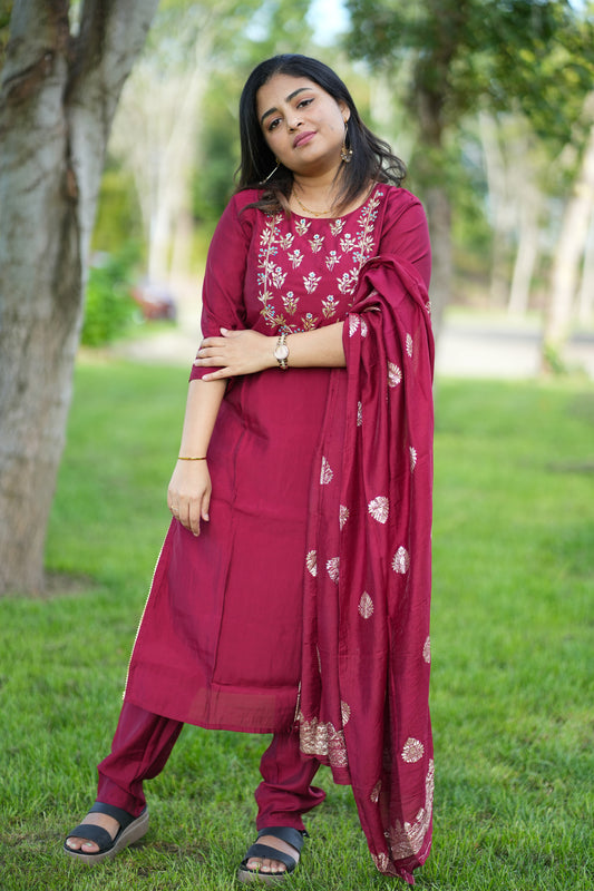 Roman Silk Diwali Special Kurti Set in maroon colour