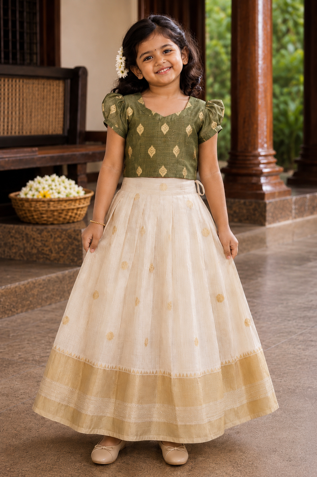 Girls green & Ivory Traditional Skirt and Top Set (KCW-148)