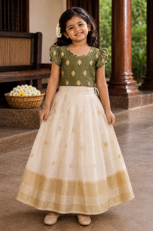 Girls green & Ivory Traditional Skirt and Top Set (KCW-148)