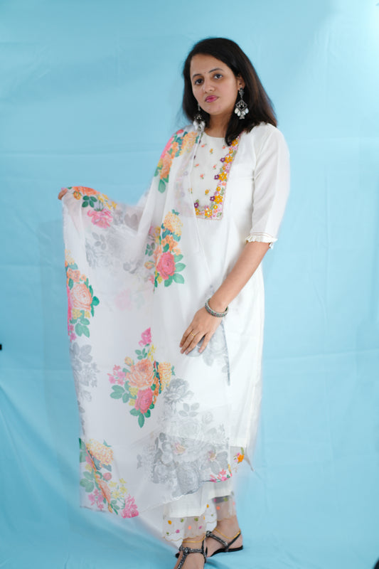 Beautiful white kurti set with floral dupatta-(ksh660)