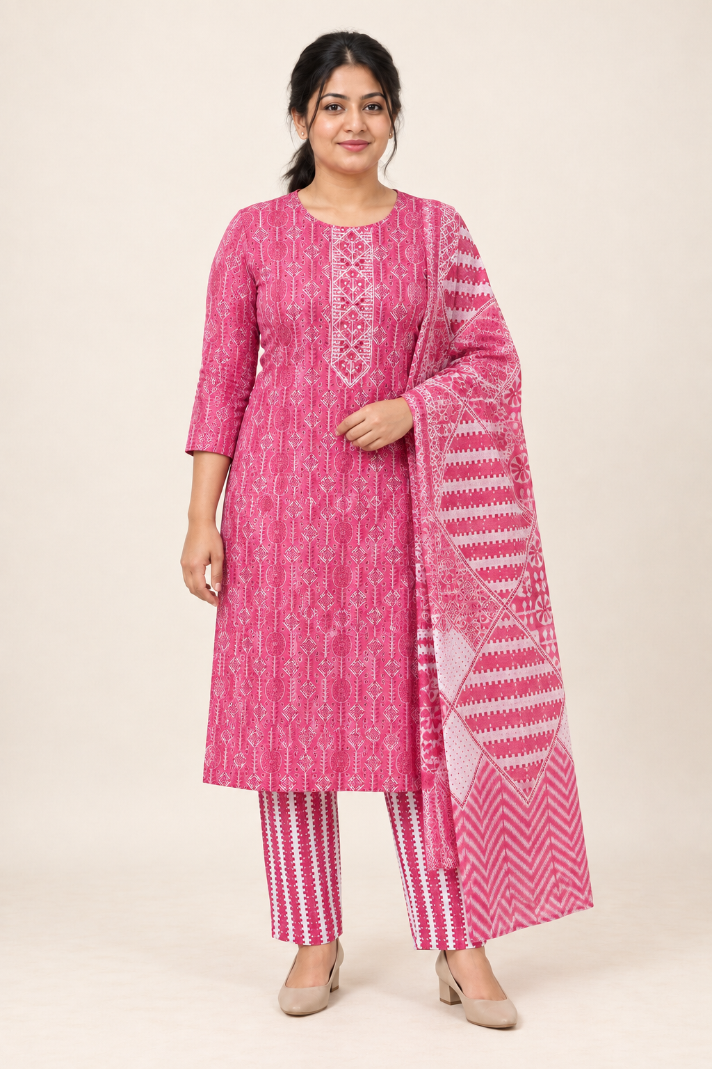Pink Geometric Print Salwar Suit Set with Dupatta(KER-1247)