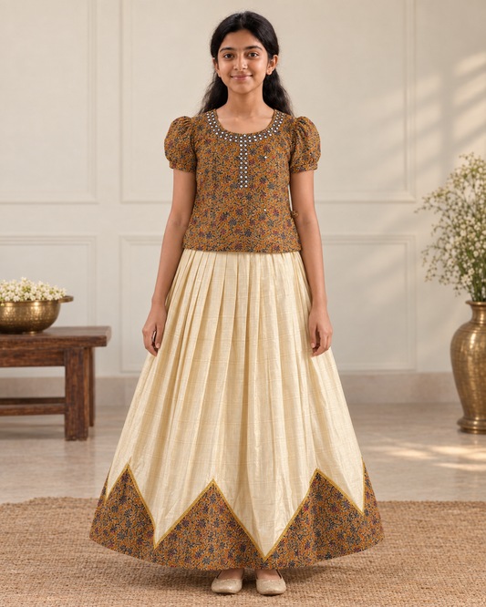 Girls Mustard Kalamkari & Ivory Tissue Pavada Set(KER-151)