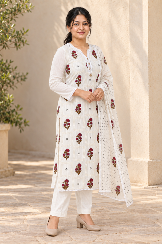 Ivory Floral Embroidered Kurta Set with Dupatta (KER-1248)
