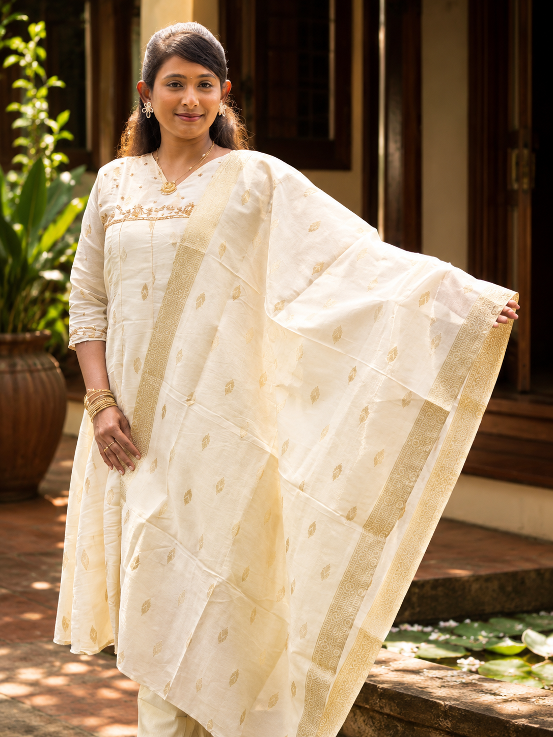 Women’s Tissue Silk Salwar Suit with Dupatta | Cream & Gold Embroidered Ethnic Set (KER-1186)