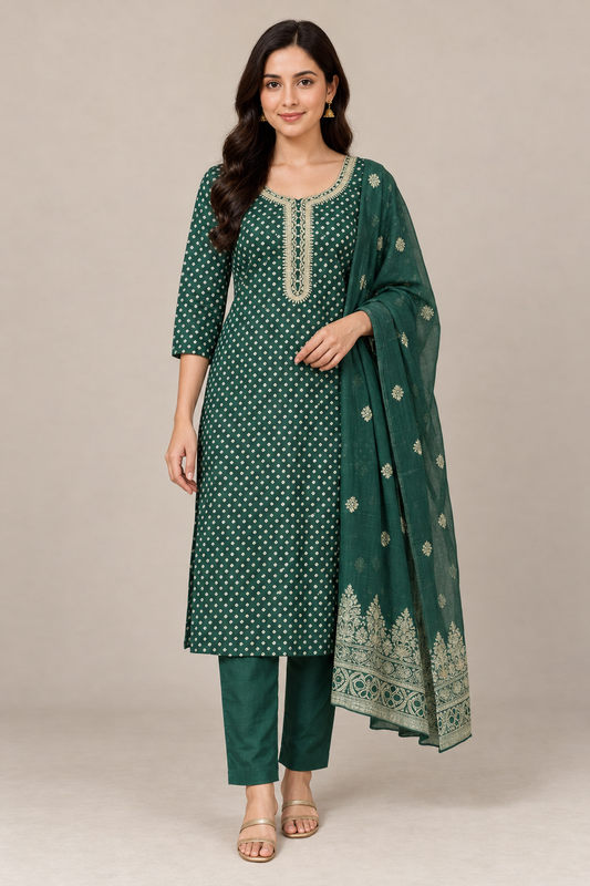 Bottle Green Printed Salwar Suit Set with Dupatta (KSH-1242)