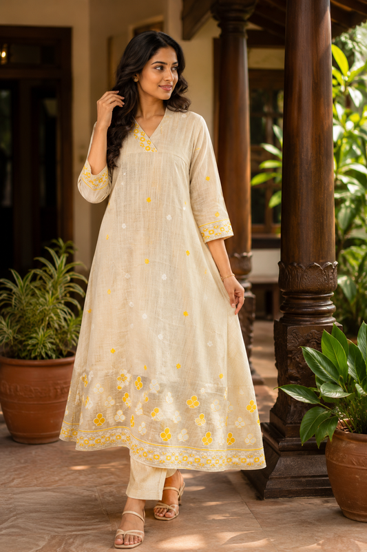 Premium Cotton Salwar Suit with Dupatta | Cream Floral Embroidered Ethnic Set (KER-1196)