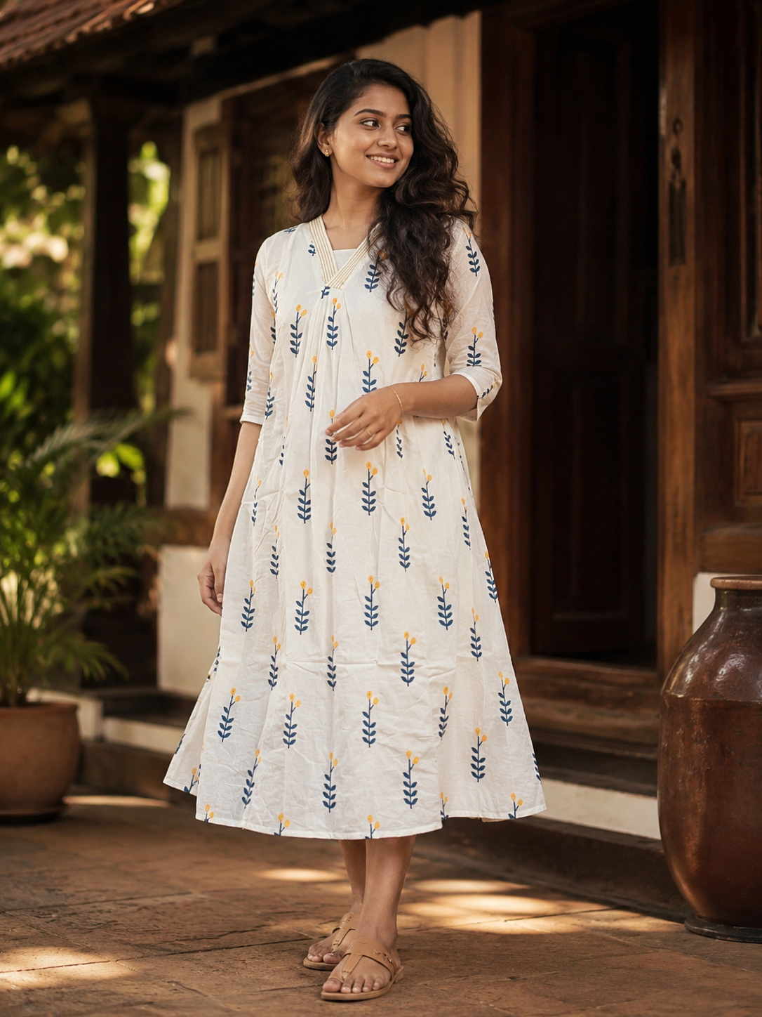 Premium Cotton Kurta | Cream Floral Print Ethnic Kurti (KER-1190)