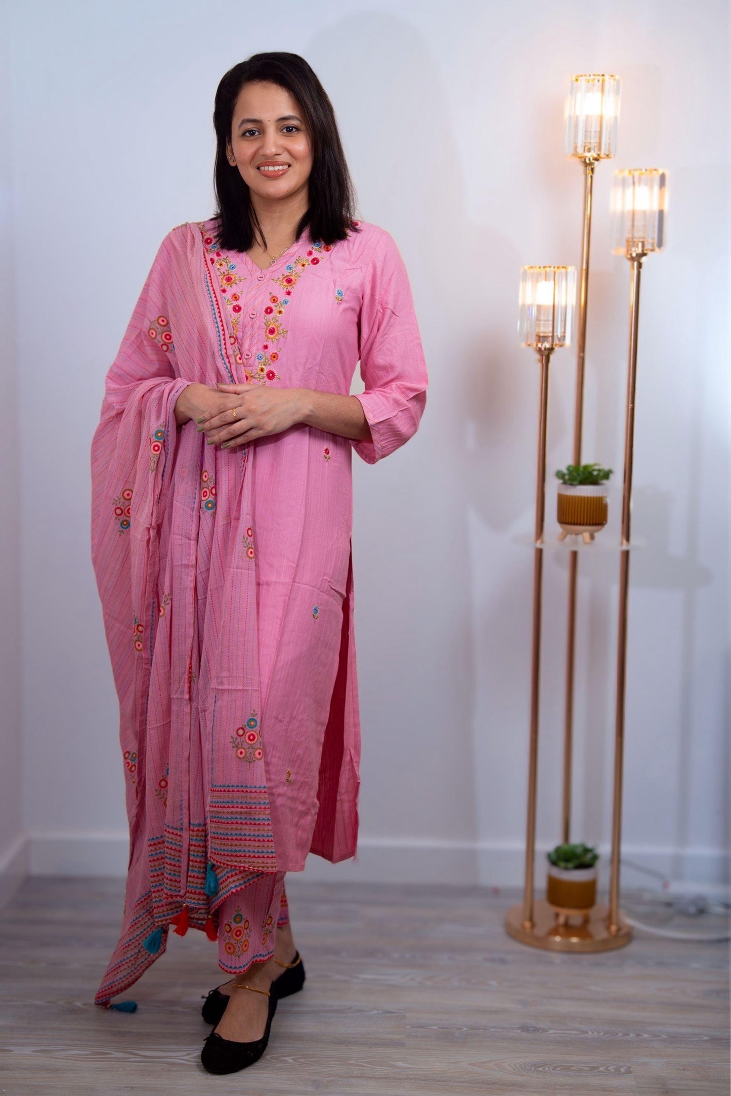 Pink Embroidered Cotton Kurta Set with Dupatta for Women(KSH-1020)