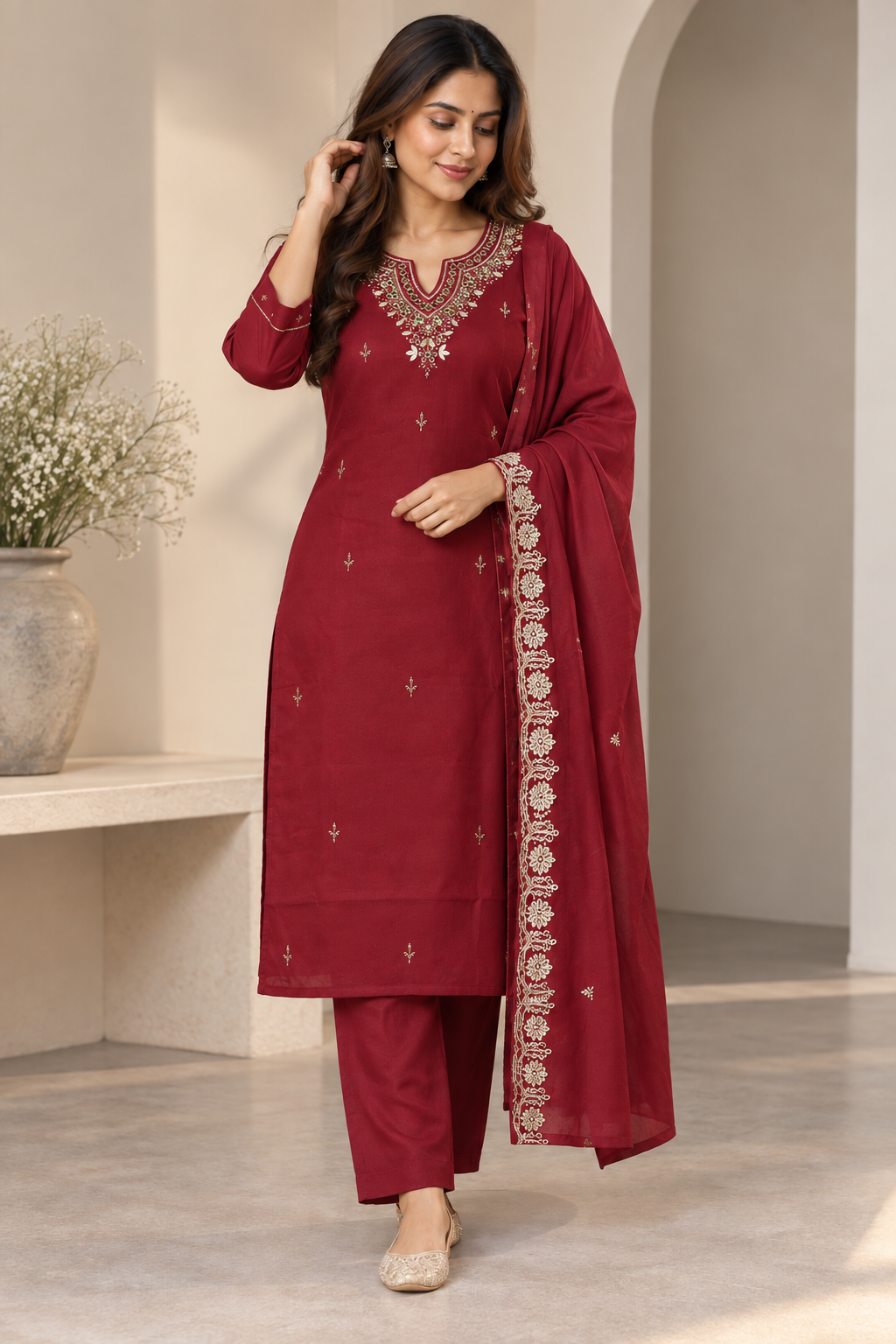 Maroon Embroidered Salwar Suit with Dupatta & Straight Pants(KSH-1231)