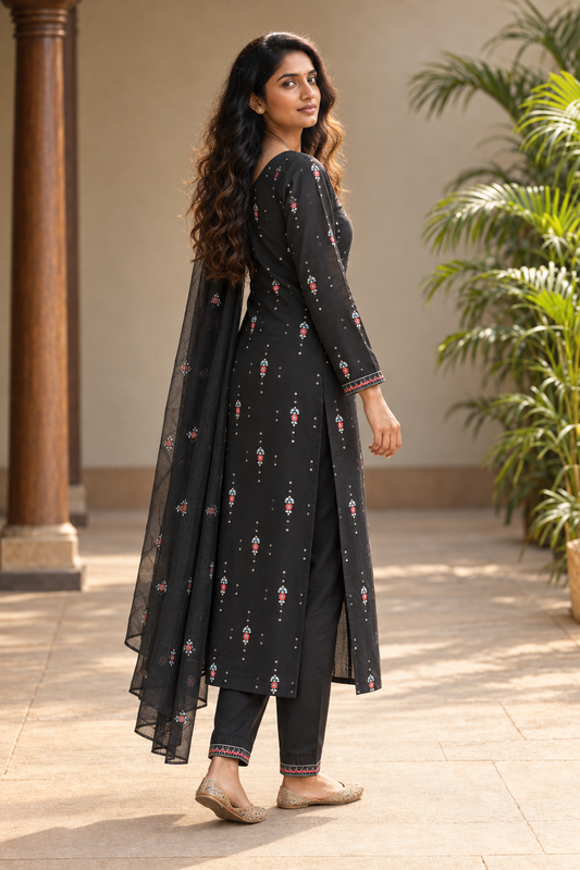 Black Embroidered Salwar Suit with Dupatta(KSH-1243)