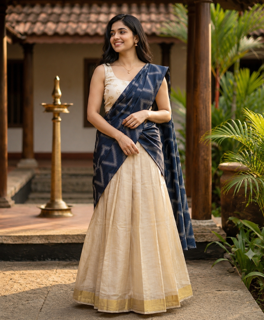 Women’s Kerala Half Saree Set | Cream Tissue Skirt, Blouse & Navy Dupatta (KER-1194)