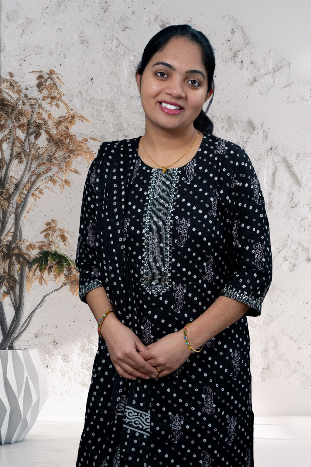 Black Handblock-Style Printed Cotton Kurta Set with Dupatta(KER-1203)