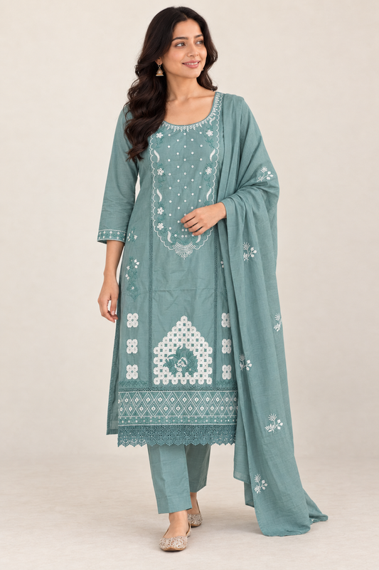 Sage Green Embroidered Salwar Suit Set with Dupatta (KER-1244)