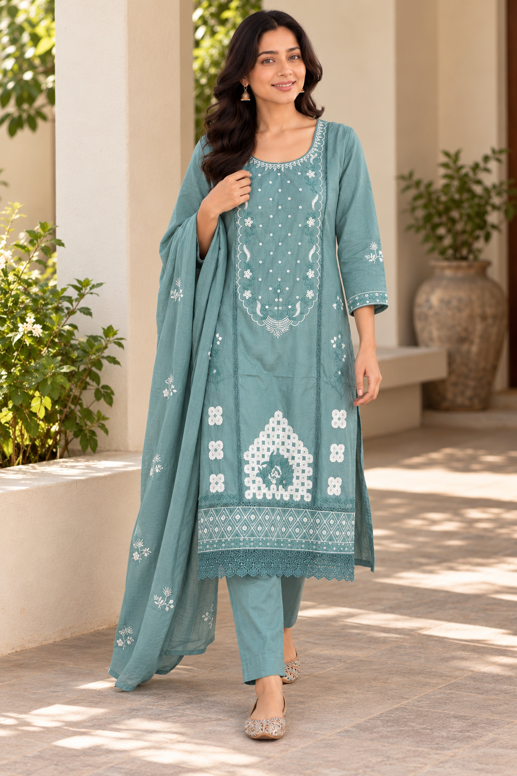 Sage Green Embroidered Salwar Suit Set with Dupatta (KER-1244)