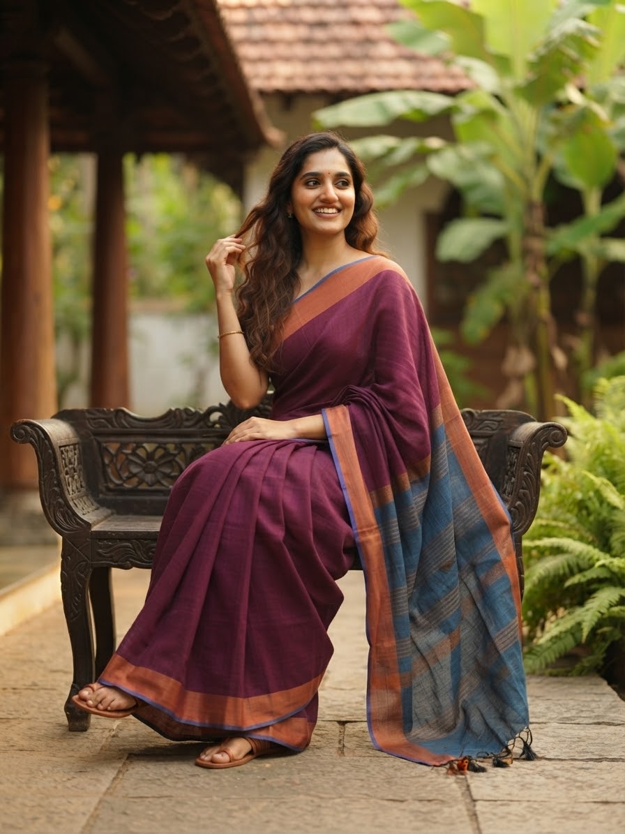 Magenta & Blue Mul Cotton Saree with Contrast Pallu(KER-1175)