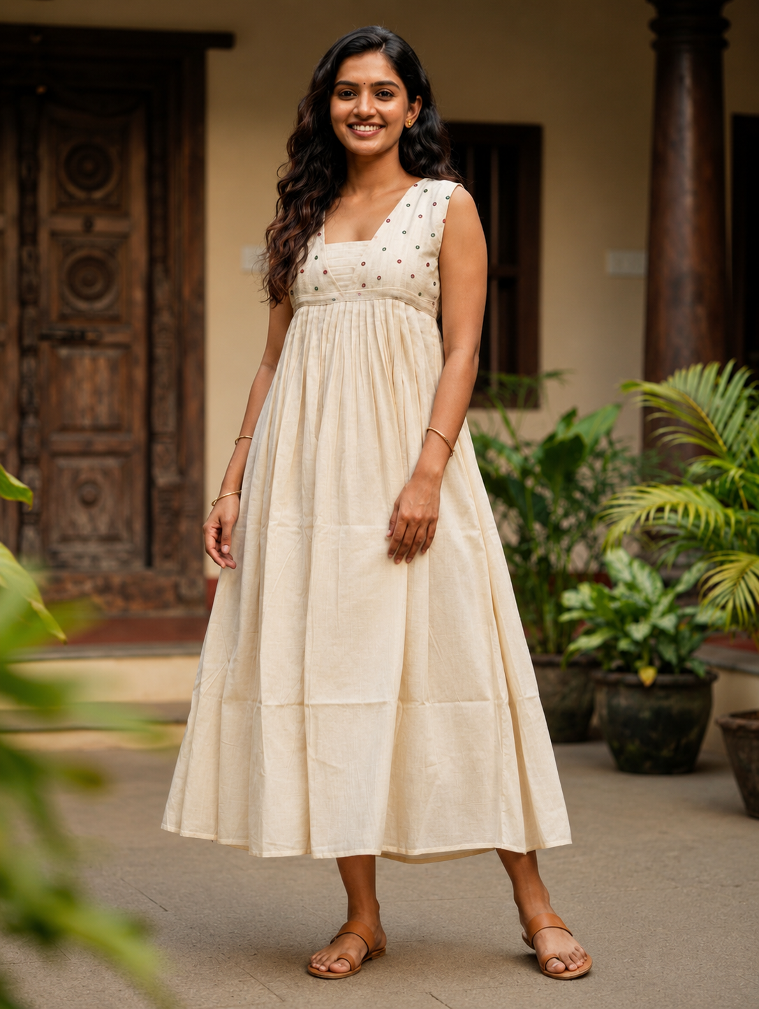Premium Cotton Ivory Anarkali Dress | Onam Festive Wear (KER-1214)