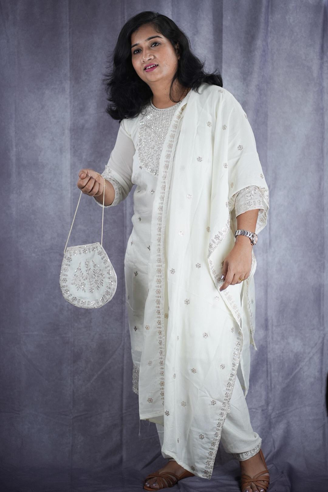 Stunning white kurti with matching sling purse(KER-2100)