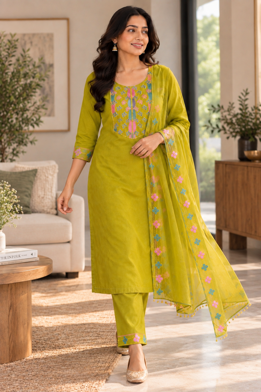 Lime Green Embroidered Salwar Suit with Organza Dupatta & Beadwork (KSH-1230)