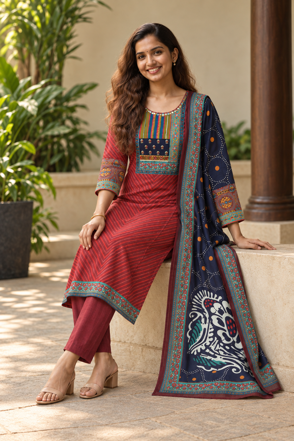 Red Printed Salwar Suit Set with Navy Dupatta (KER-1242)
