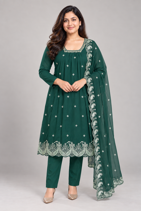 Emerald Green Embroidered Salwar Suit with Dupatta (KER-1246)