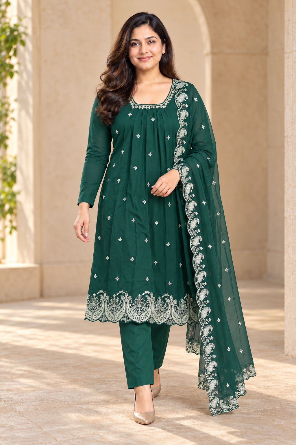 Emerald Green Embroidered Salwar Suit with Dupatta (KER-1246)