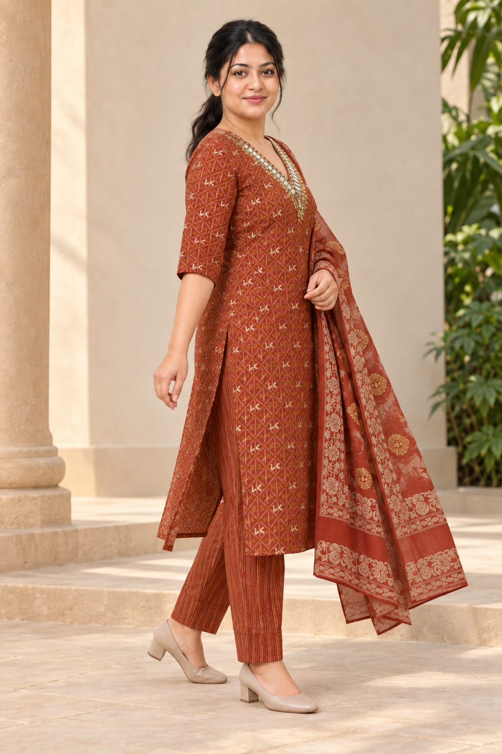 Rust Mirror Work Printed Salwar Suit with Dupatta (KSH-1244)