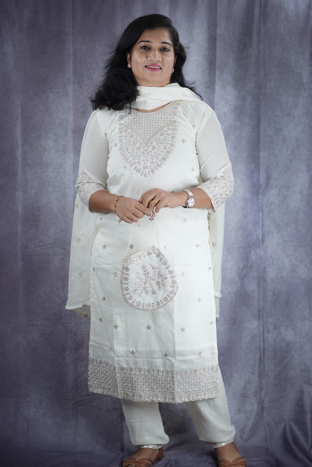 Stunning white kurti with matching sling purse(KER-2100)