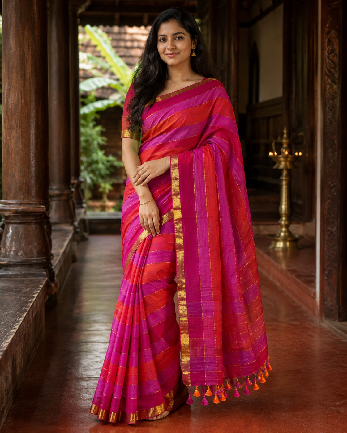 Pink & Red Mul Cotton Saree with Gold Zari(SAR-1176)