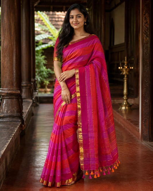 Pink & Red Mul Cotton Saree with Gold Zari(SAR-1176)