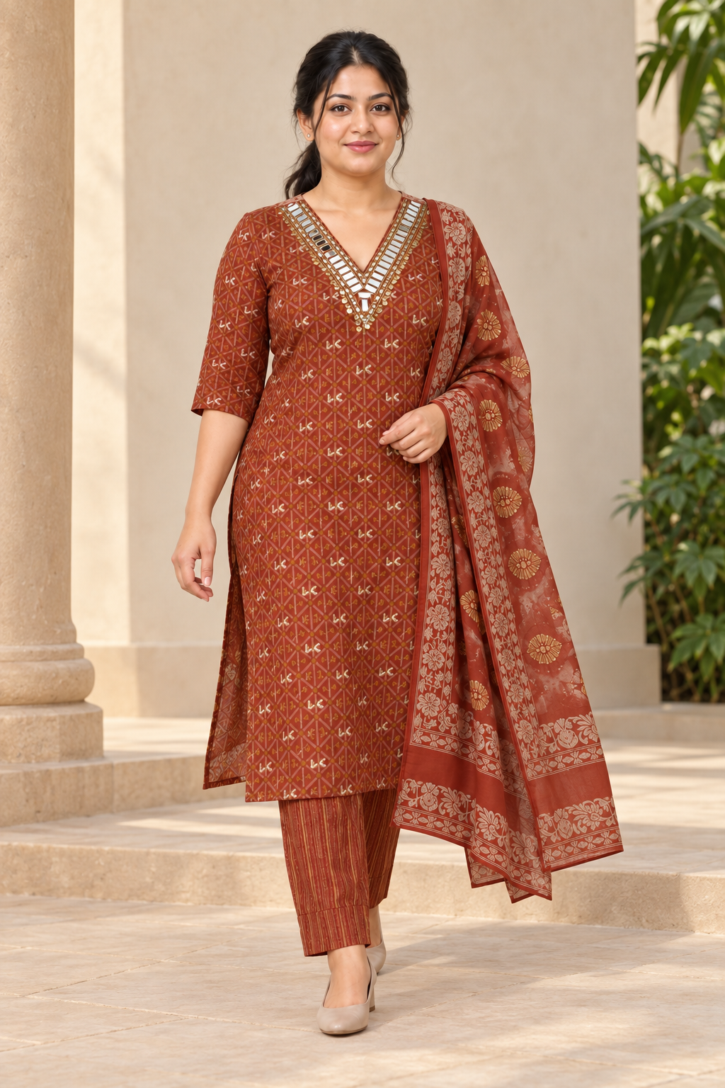 Rust Mirror Work Printed Salwar Suit with Dupatta (KSH-1244)