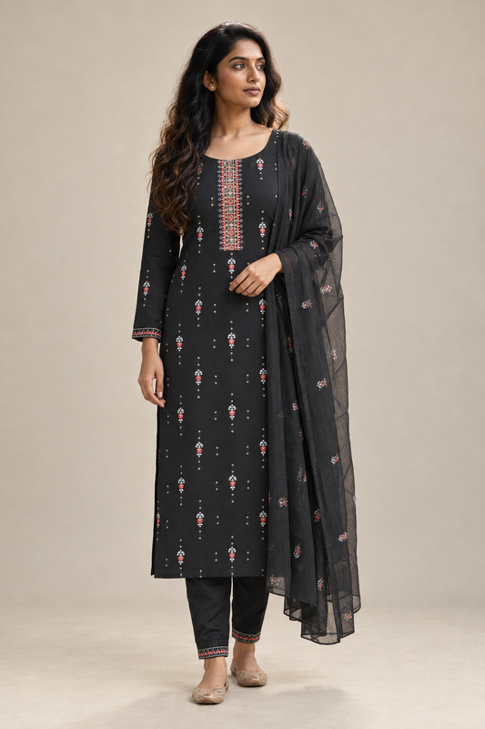 Black Embroidered Salwar Suit with Dupatta(KSH-1243)