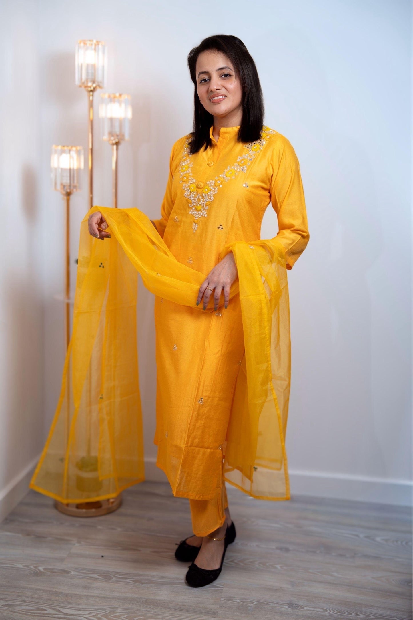 Roman silk party wear in lovely shade of yellow - (KSH690)