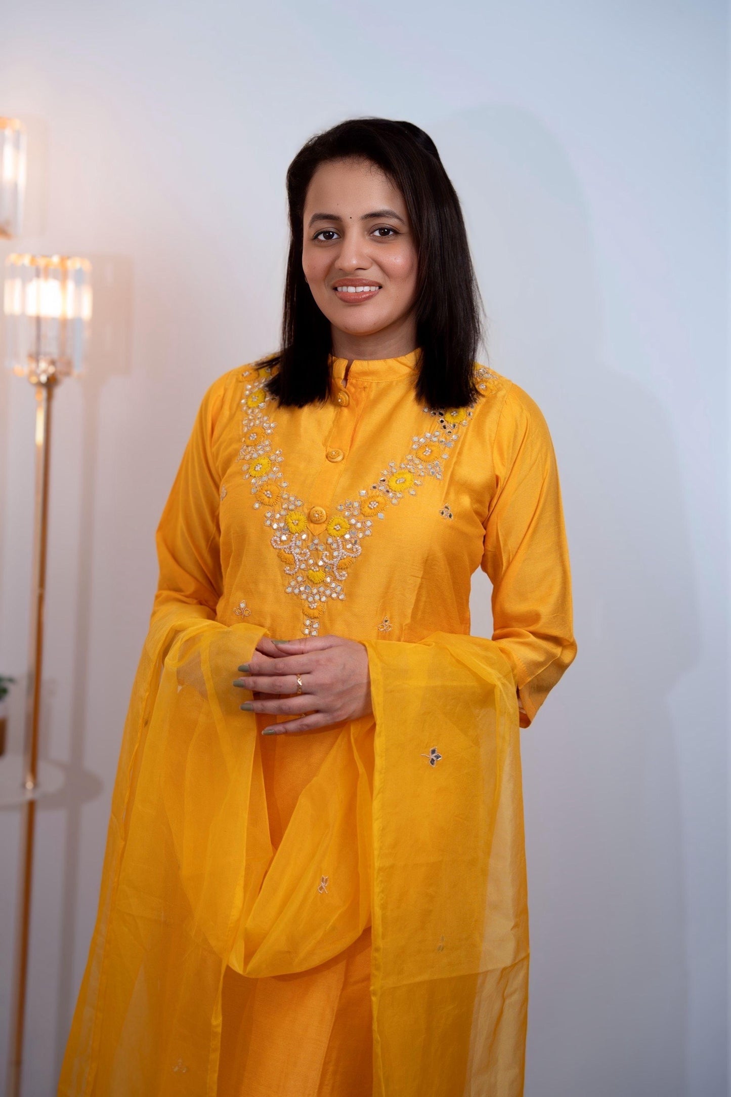 Roman silk party wear in lovely shade of yellow - (KSH690)