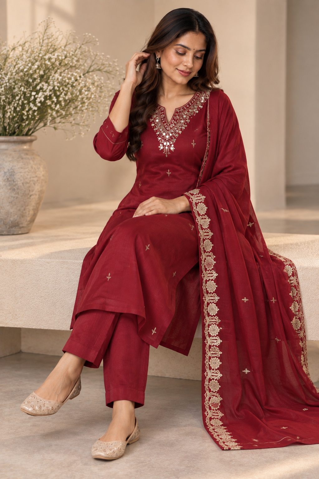 Maroon Embroidered Salwar Suit with Dupatta & Straight Pants(KSH-1231)
