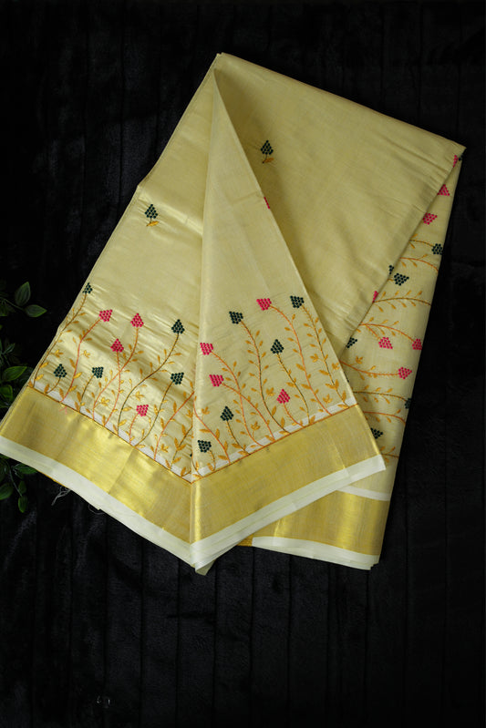 Kasavu tissue saree with floral embroidery(SAR-178)