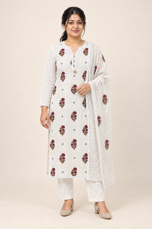 Ivory Floral Embroidered Kurta Set with Dupatta (KER-1248)