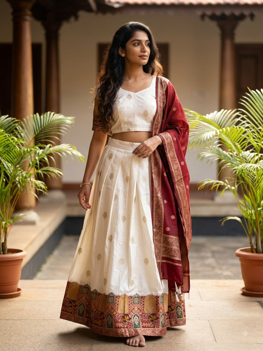 Dhavani Set with Maroon Banarasi Border (KER-1130)